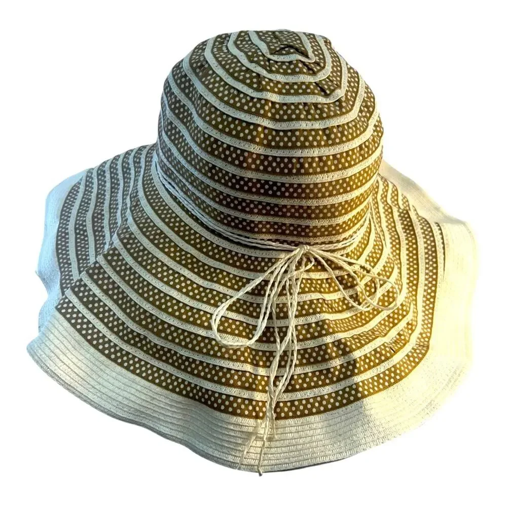 Vintage Fabric Polka Dot Brown Beige Wide-Brimmed SunHat wire edges to adjust OS